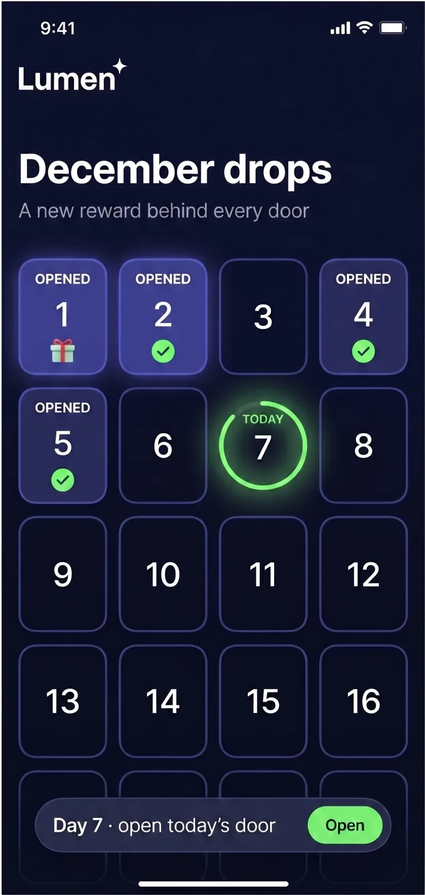 Lumen app advent-calendar screen on a dark theme, a grid of daily reward doors with several already opened and day 7 highlighted as today