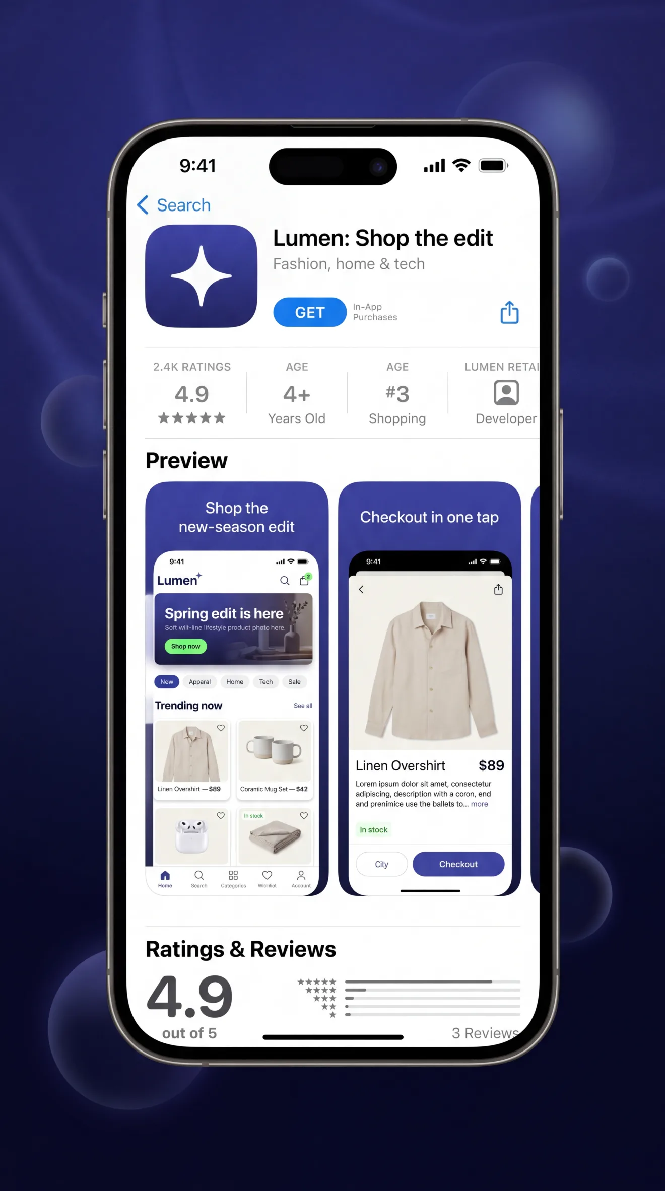 Lumen app store listing screen with app name, rating and screenshots