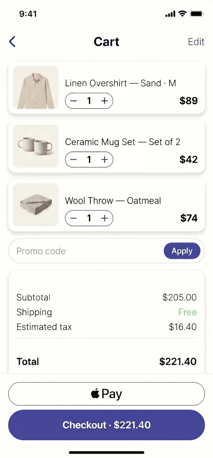Lumen app cart: line items with quantity steppers, an order summary, Apple Pay and a checkout button