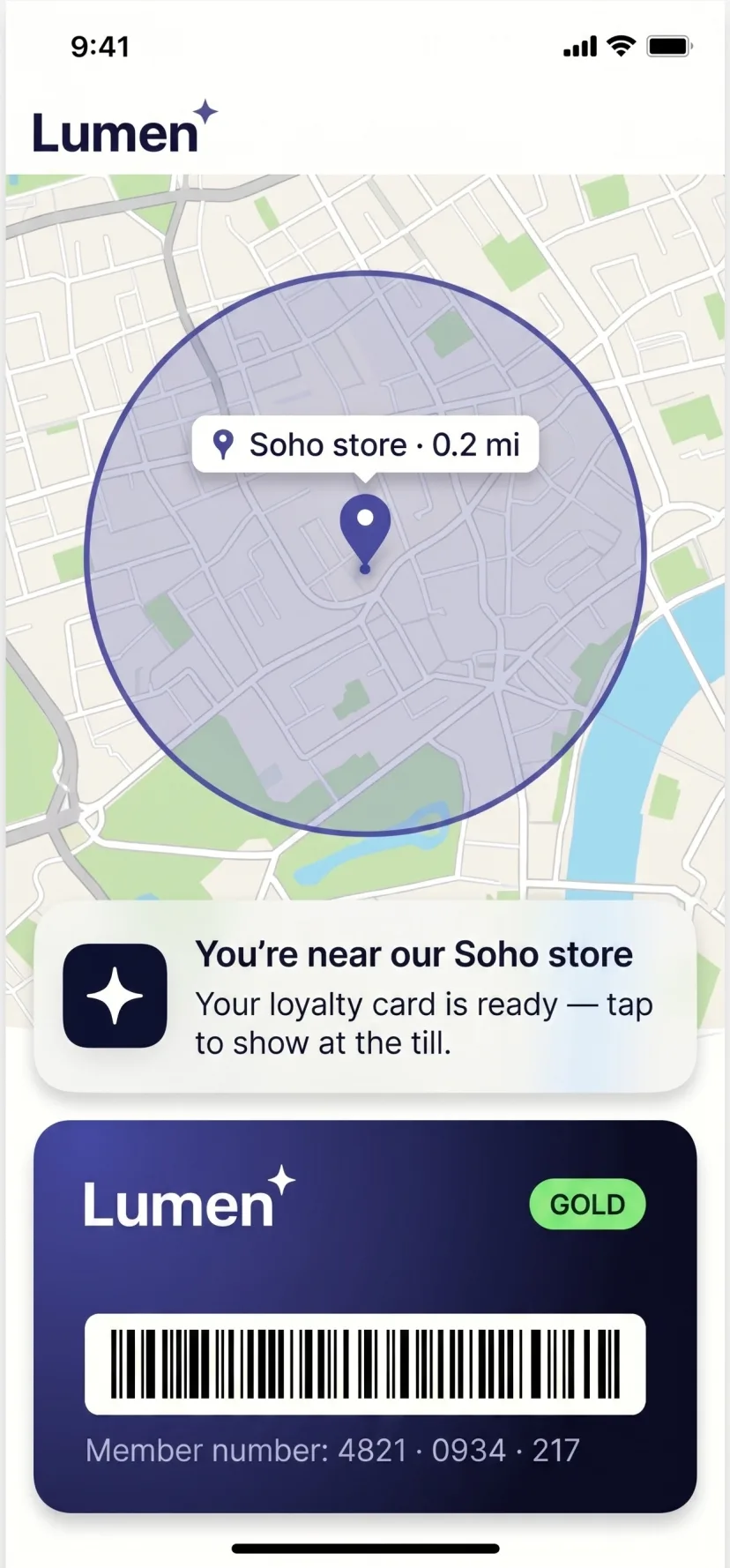 Lumen app location-aware loyalty screen, a map with a geofence around the Soho store, a proximity push notification, and a GOLD loyalty card with barcode