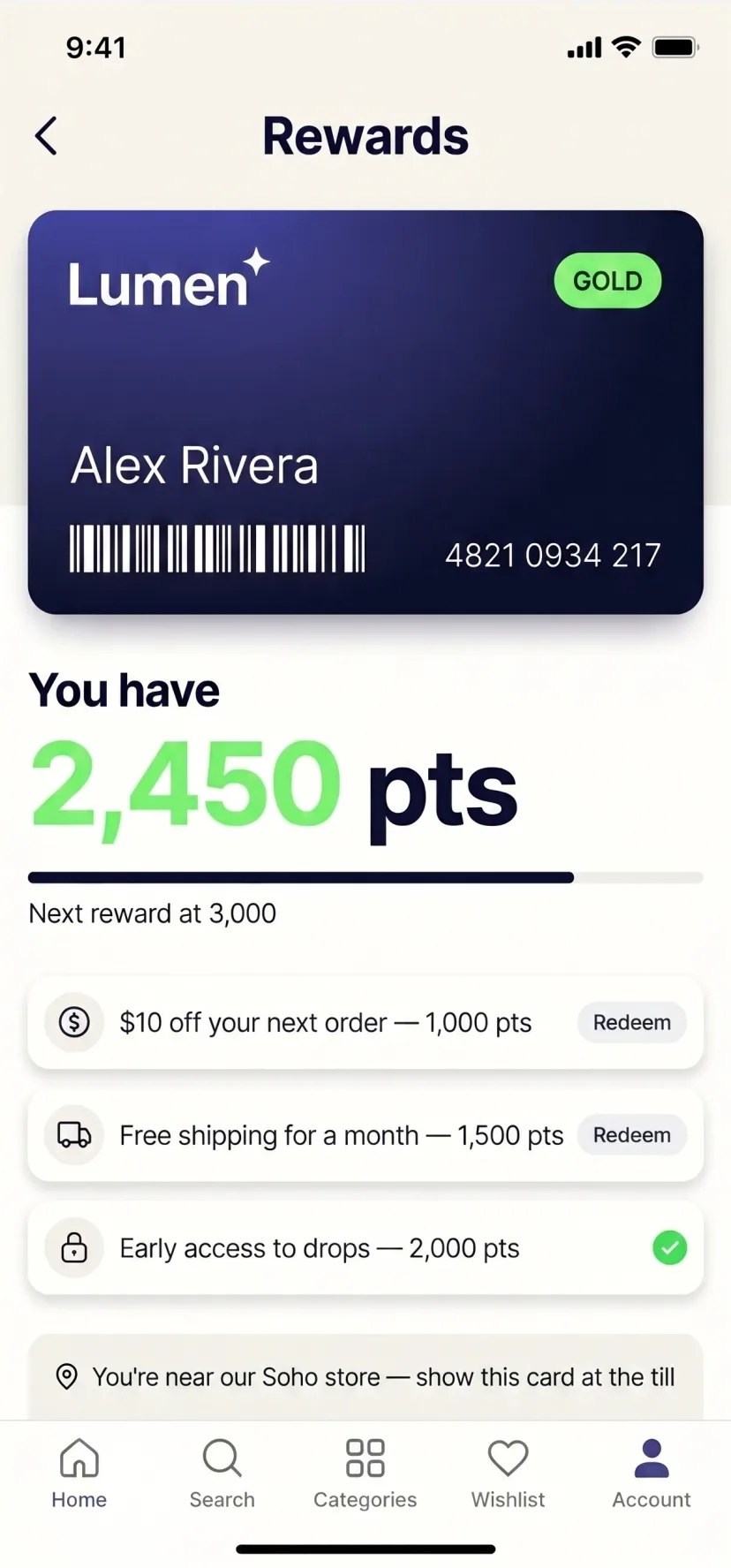 Lumen app rewards screen: a GOLD membership card with barcode, a points balance and redeemable rewards