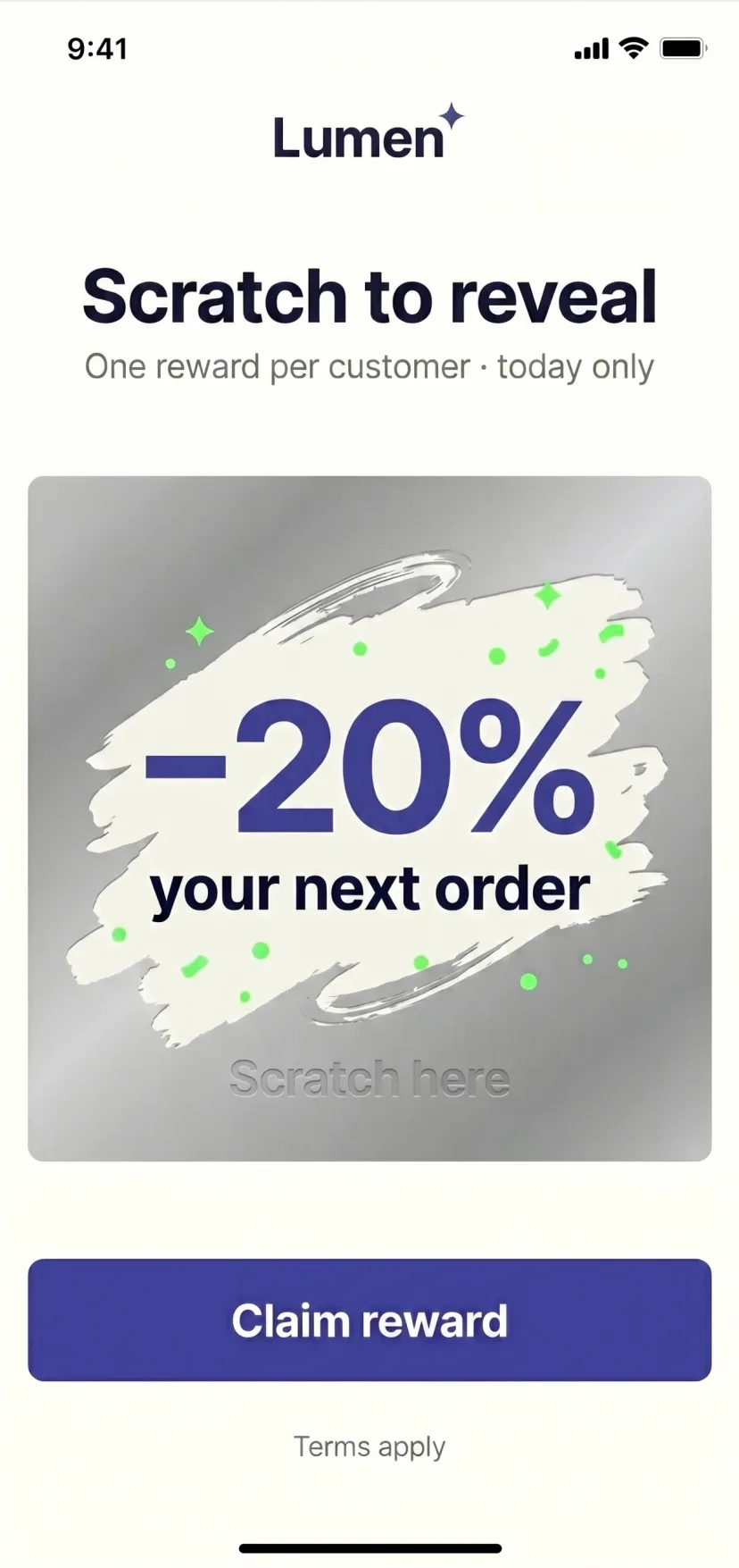 Lumen app scratch-and-win screen, a foil panel scratched away to reveal a 20% reward off the next order, with a Claim reward button